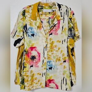 Jams World Rayon Button Front Shirt XXL Abstract Floral Hawaii Art Crinkle Top